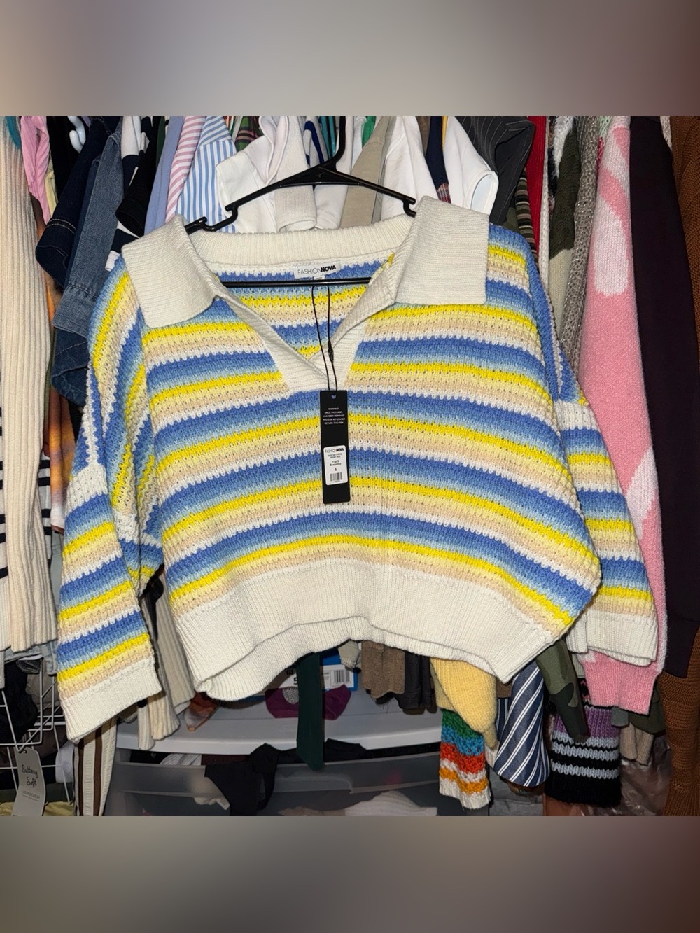 Fashion nova Crochet Stripe Polo Sweater - Cream with Blue & Yellow Stripes